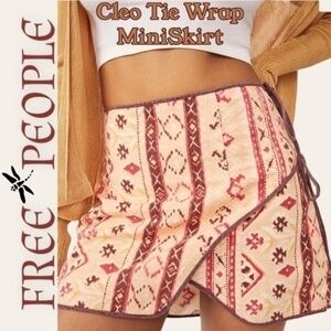 FREE PEOPLE NWT Cleo Woodblock-Printed Side Tie Faux Wrap Cotton Mini Skirt/Sz8